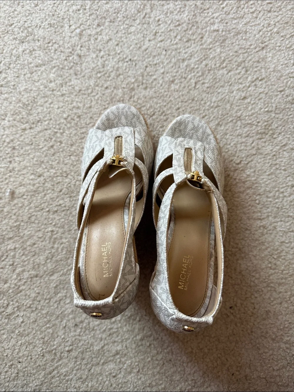 Michael Kors Neutral Logo Espadrille Wedge Sandals with Gold Zip